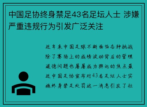 中国足协终身禁足43名足坛人士 涉嫌严重违规行为引发广泛关注 中国足协终身禁足43名足坛人士 涉嫌严重违规行为引发广泛关注